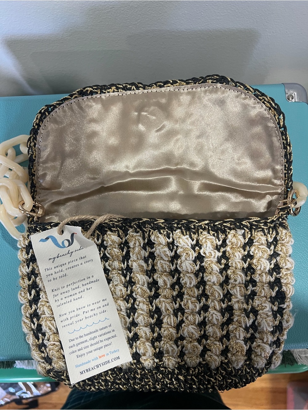 My Beachy Side | Handmade Black Gold Cream Hand-knit Purse - Picture 16 of 16